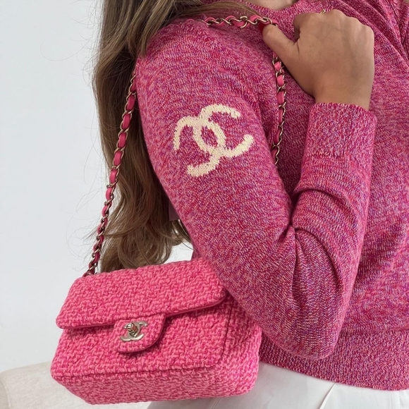 Chanel Classic Rectangular Mini Flap 22K Pink Tweed Light Gold tone Hardware - Picture 7 of 14